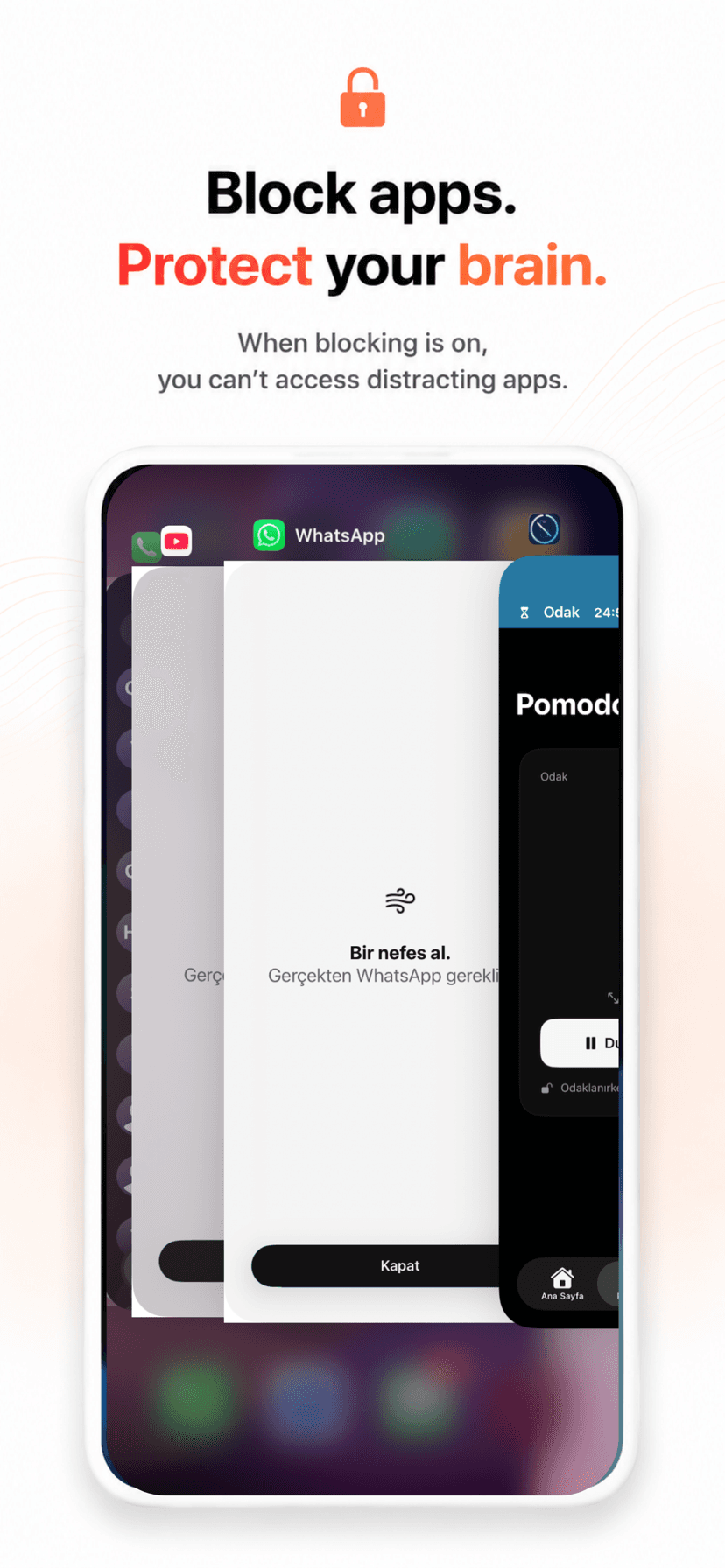 Unfeed app blocker shield covering WhatsApp on iPhone — “Take a breath” block screen