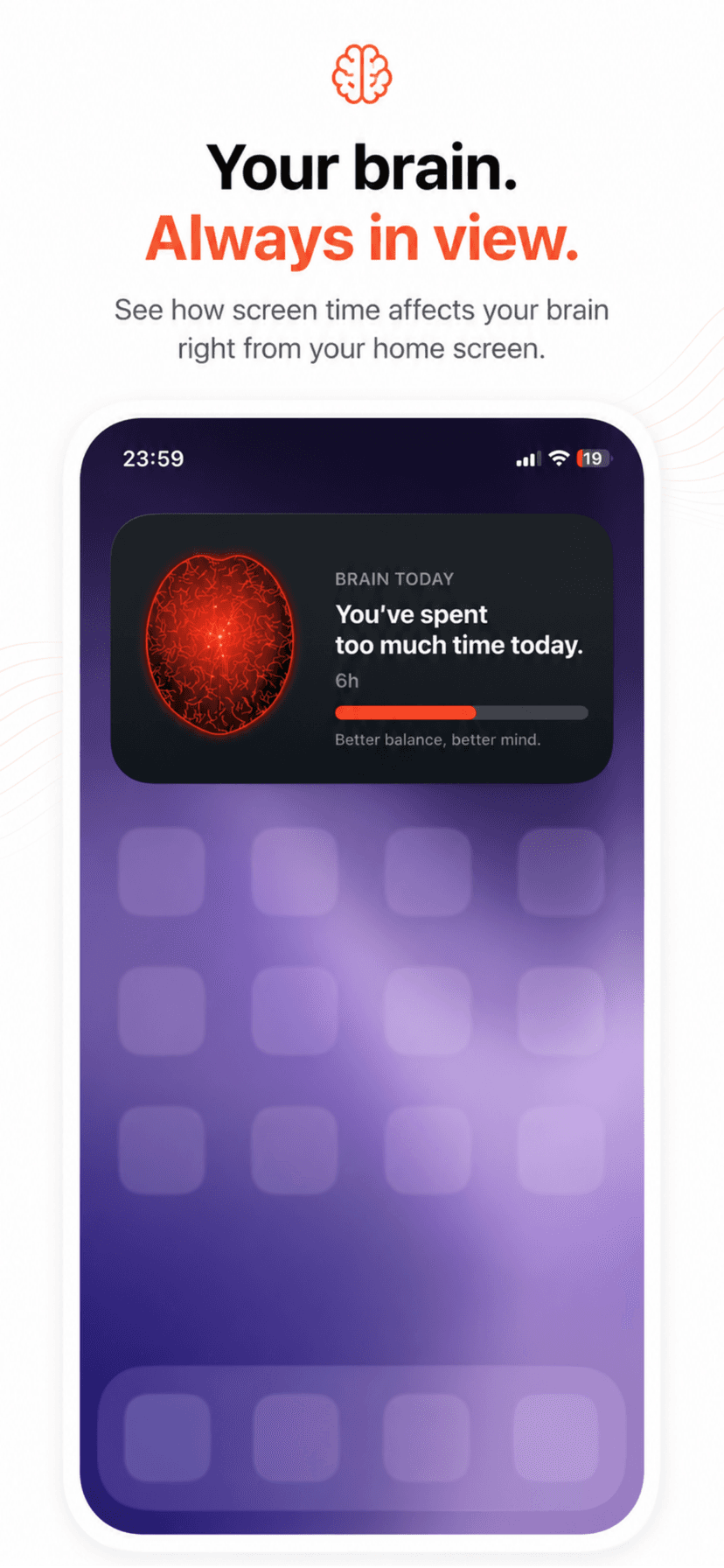 Unfeed brain widget on the iPhone Home Screen showing today’s screen-time impact