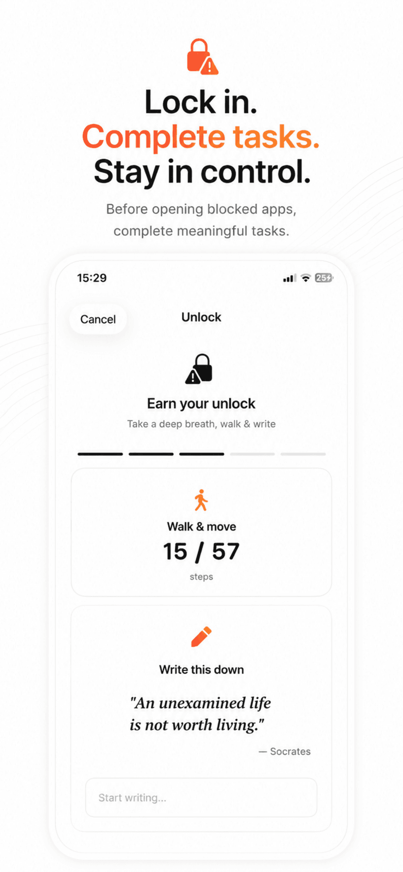 Earn your unlock in Unfeed — walk 57 steps and write a quote before unblocking apps