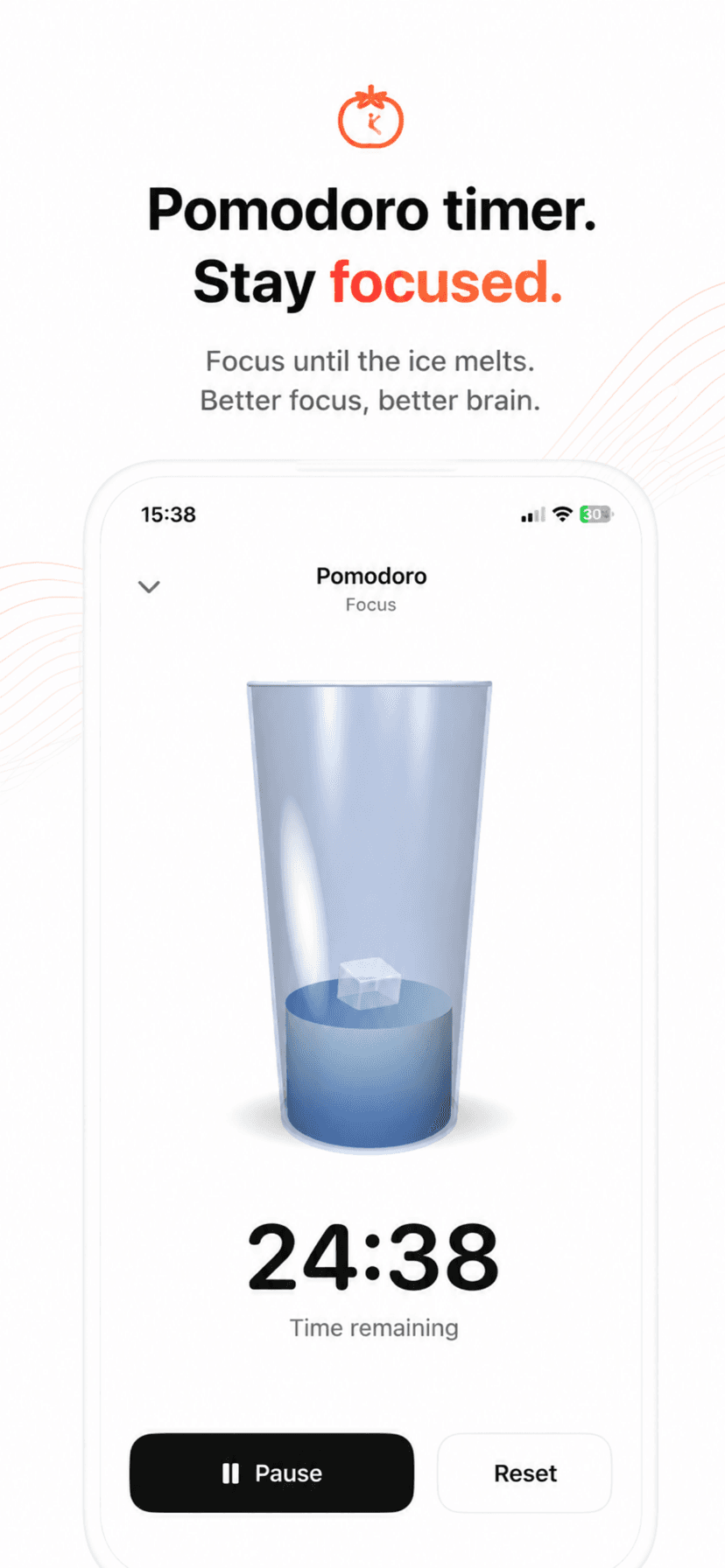 Pomodoro focus timer in the Unfeed focus app — focus until the ice cube melts